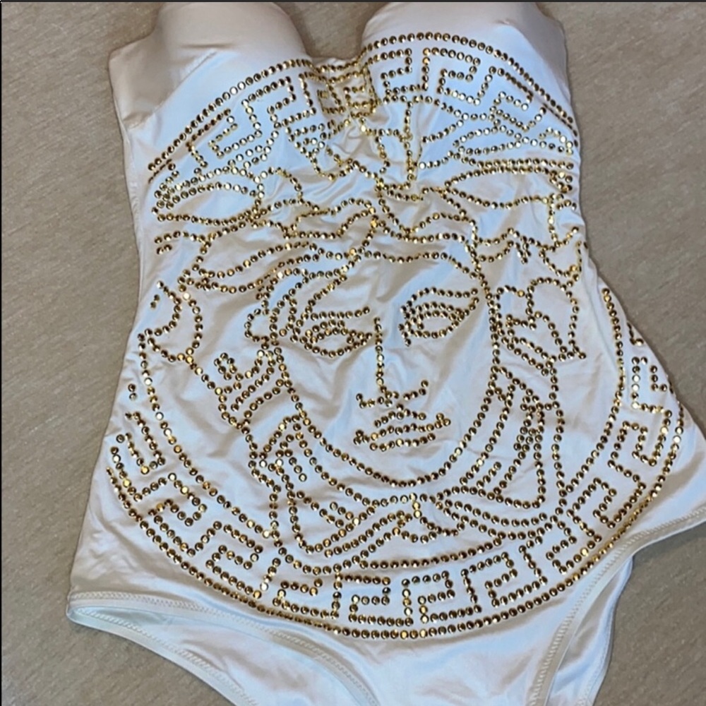 Versace Strapless Rhinestone Medusa Bathing Suit
